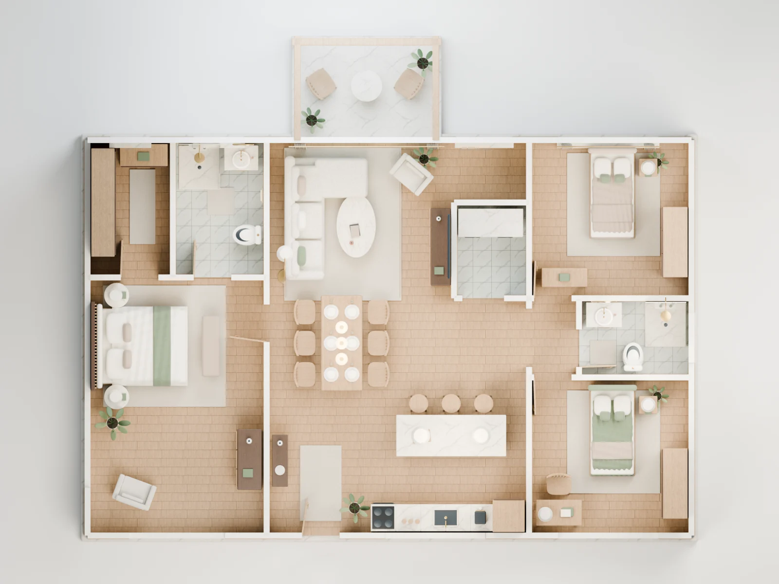 Rendered overhead floor plan of a three-bedroom house with furniture and patio