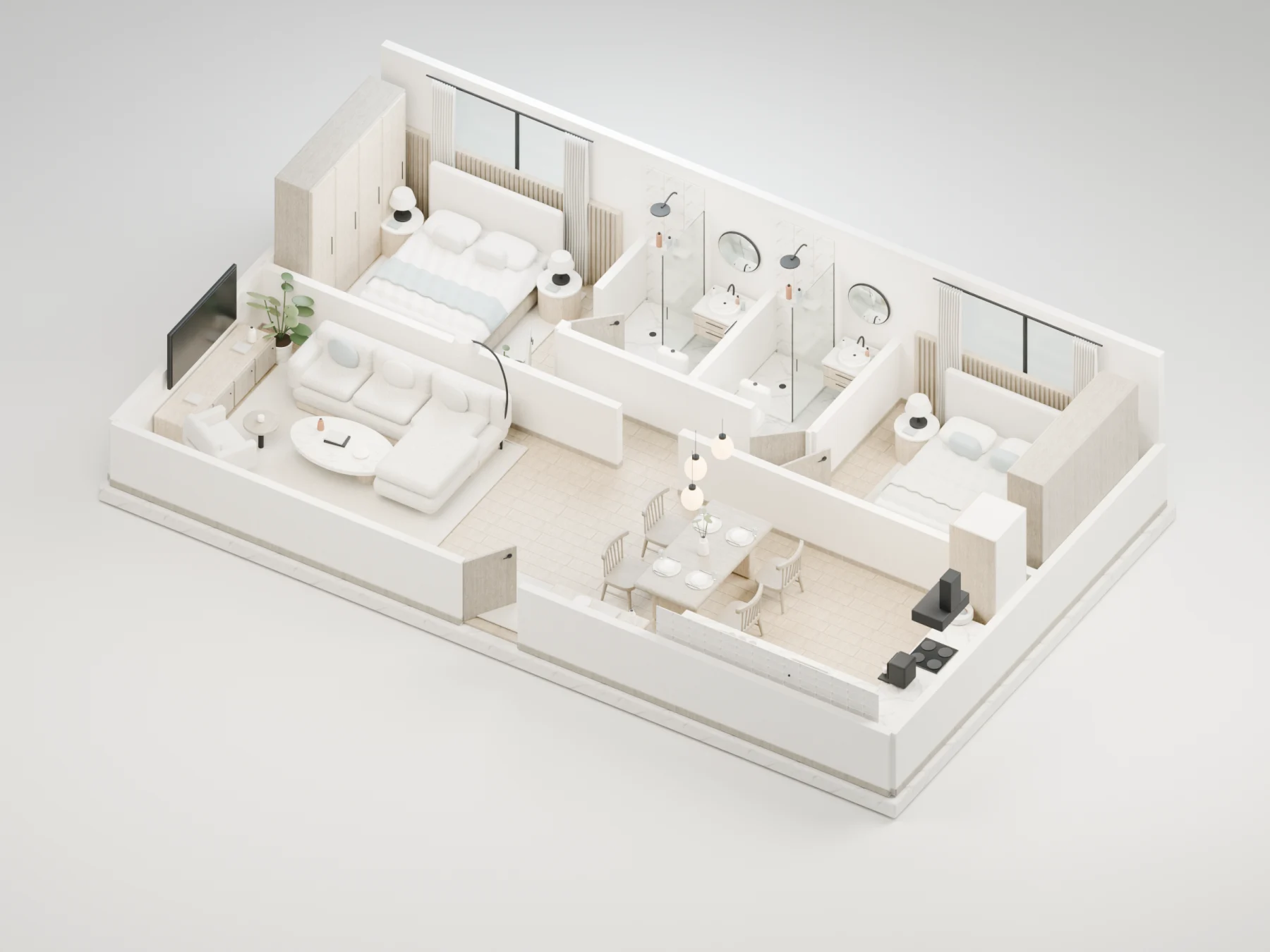 Whole apartment rendered with Scandinavian finishes, showing multiple furnished rooms
